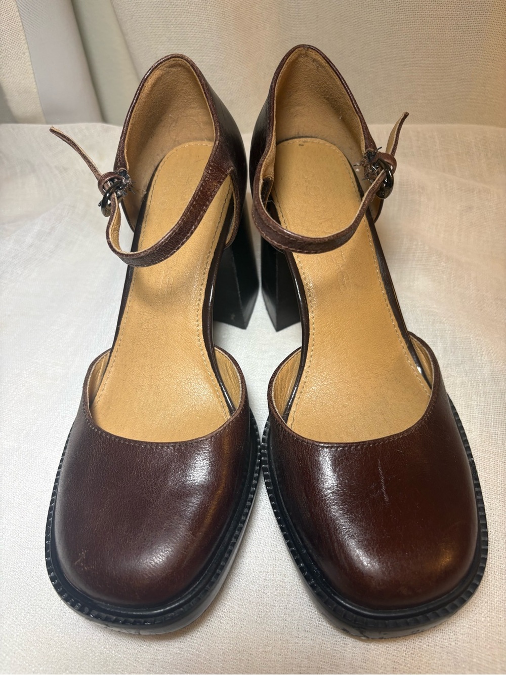 Crown Vintage Greeta Brown Genuine Leather Mary Jane Platform Heels 7.5M Chunky - Picture 2 of 14